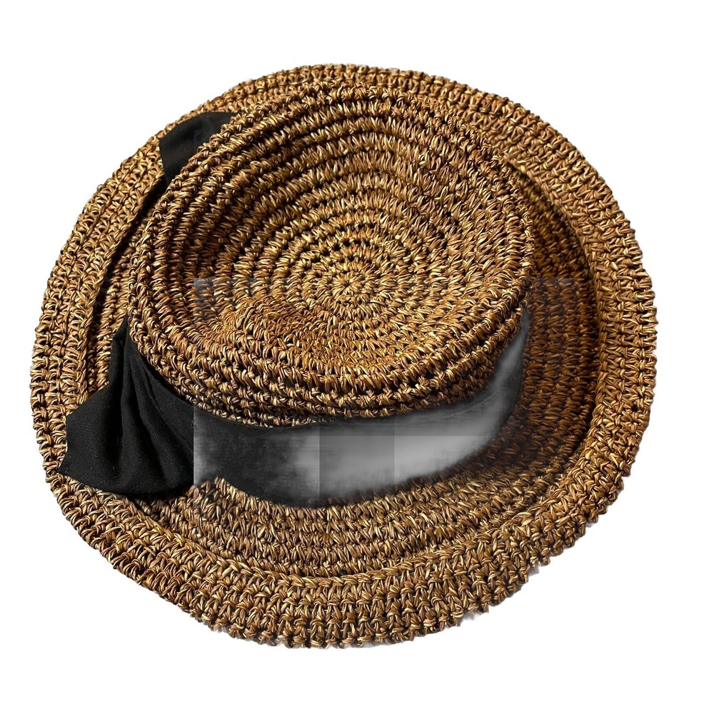 Ruggine Knitted Paper Hat Women's OS Tan Black Tucked Band Bow Slouchy